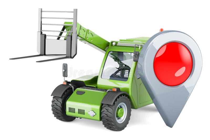 Telescopic handlers with map pointer. 3D rendering isolated on white background