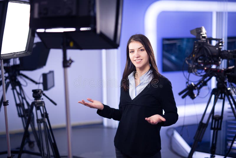 Television Presenter Recording in News Studio.Female Journalist Anchor