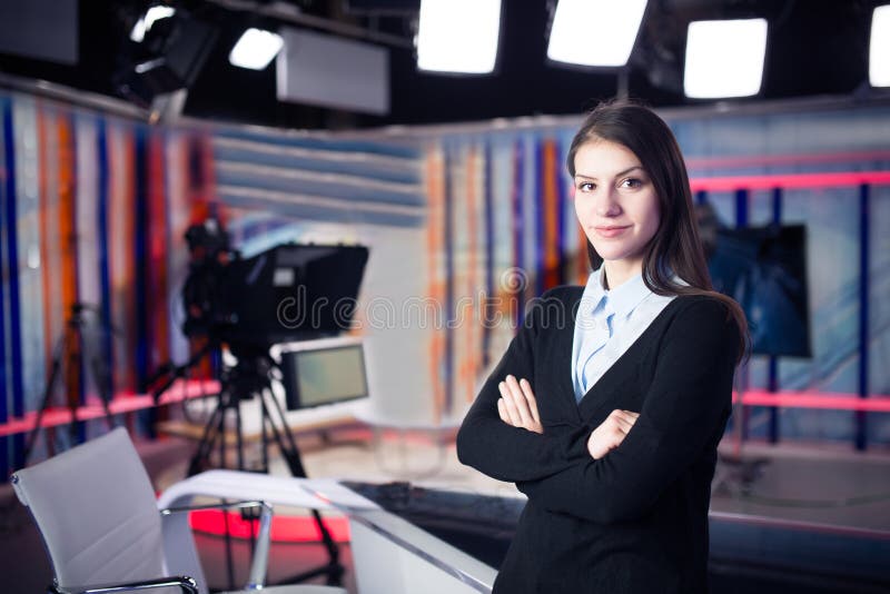 Television Presenter Recording In News Studiofemale Journalist Anchor