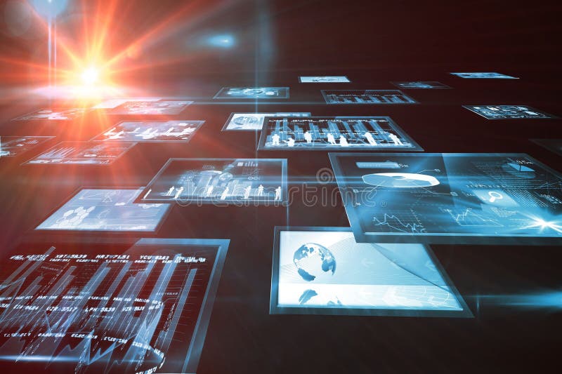 Television screens flying with illuminated light stock illustration