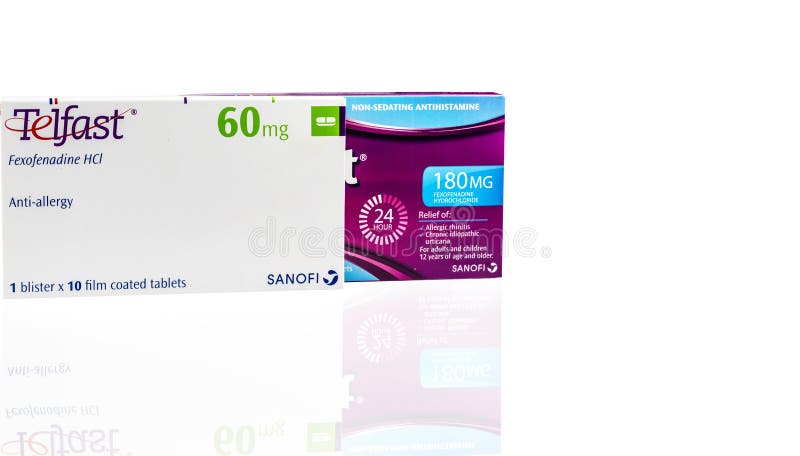 Telfast 60 mg, 180 mg. Fexofenadine anti-allergy medicine. Non-sedating antihistamine. Relief of allergic rhinitis royalty free stock photos Telfast 60 mg, 180 mg. Fexofenadine anti-allergy medicine. Non-sedating antihistamine. Relief of allergic rhinitis royalty free stock photos