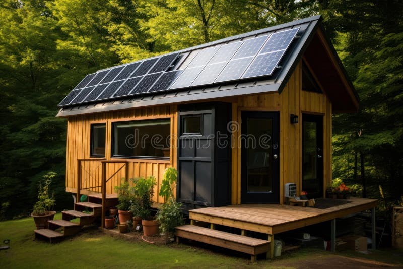 Tiny house solar panels roof. Cost panel. Generate Ai AI generated. Tiny house solar panels roof. Cost panel. Generate Ai AI generated