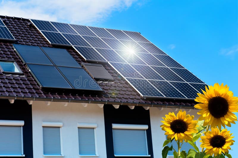 House with solar roof and sunflowers. House with solar roof and sunflowers