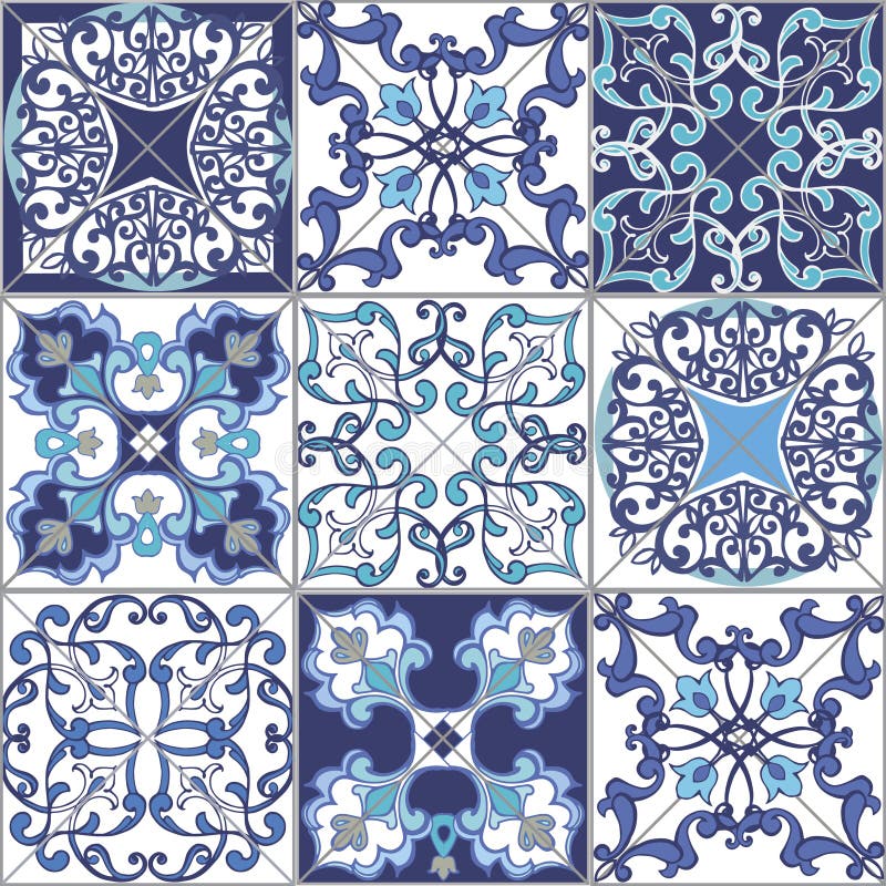 Telhas sem emenda do teste padrão dos retalhos da coleção de Marrocos, Portugal em cores azuis ilustração do vetor Telhas sem emenda do teste padrão dos retalhos da coleção de Marrocos, Portugal em cores azuis ilustração do vetor