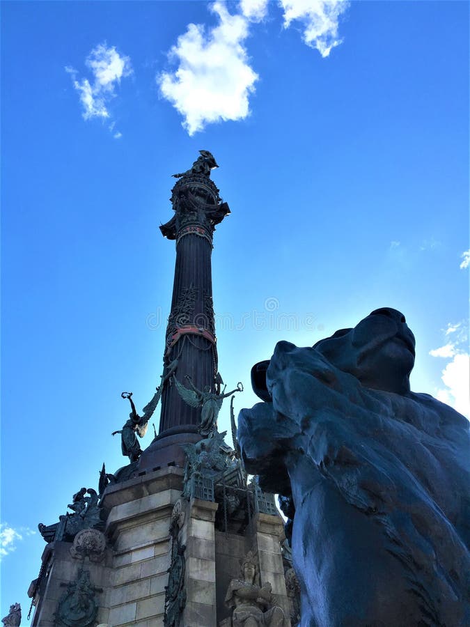 The Columbus Monument and the lion in Barcelona city, Spain. Art, history and elevation stock photos The Columbus Monument and the lion in Barcelona city, Spain. Art, history and elevation stock photos