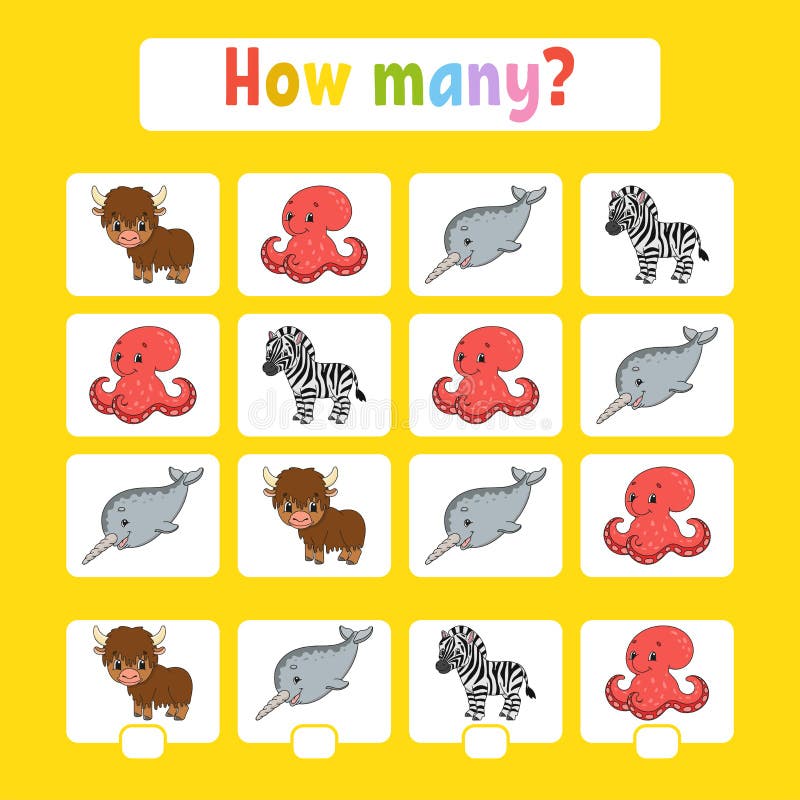 Tellend spel voor kinderen van peuterleeftijd Het leren wiskunde Hoeveel dieren in het beeld Met ruimte voor antwoorden eenvoudig stock illustratie Tellend spel voor kinderen van peuterleeftijd Het leren wiskunde Hoeveel dieren in het beeld Met ruimte voor antwoorden eenvoudig stock illustratie