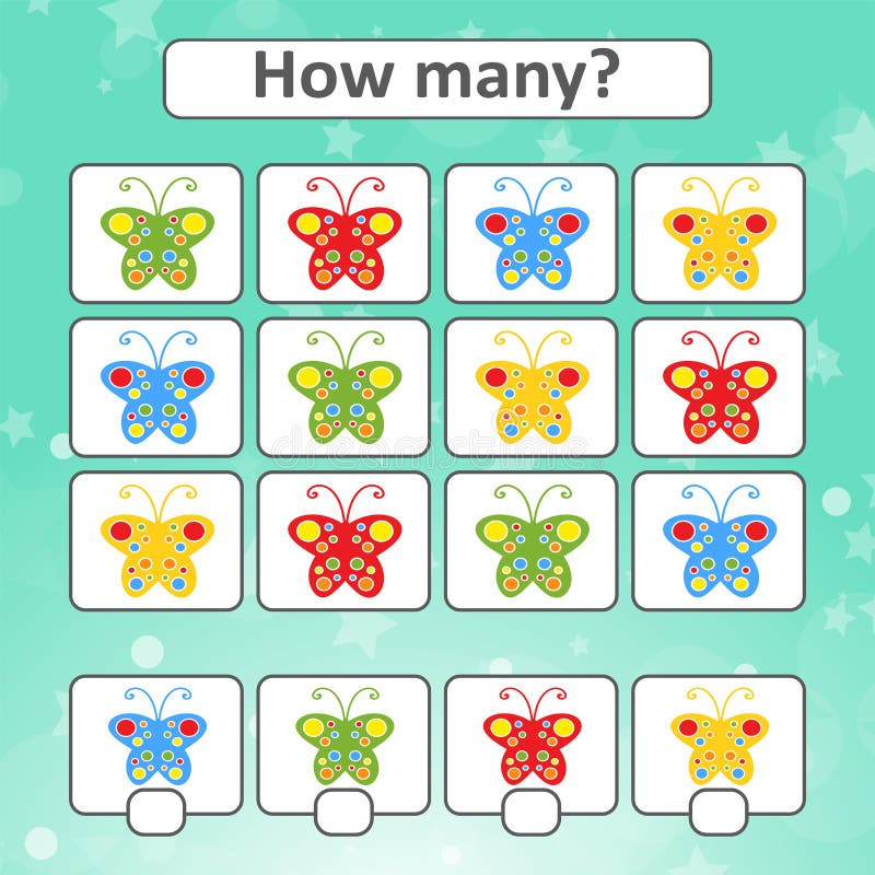 Tellend spel voor peuterkinderen voor de ontwikkeling van wiskundige capaciteiten Tel het aantal vlinders in het beeld vector illustratie Tellend spel voor peuterkinderen voor de ontwikkeling van wiskundige capaciteiten Tel het aantal vlinders in het beeld vector illustratie