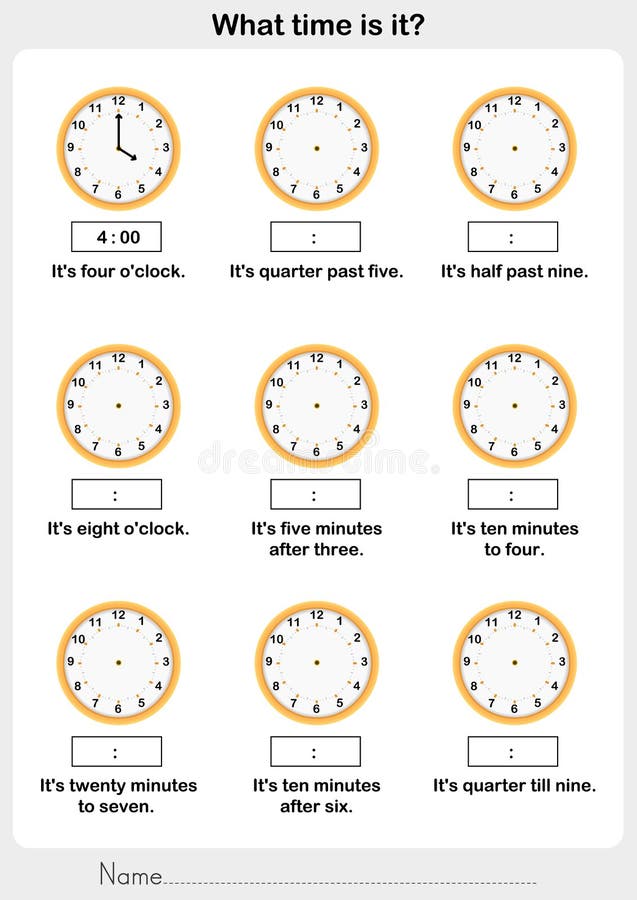 Telling time worksheet. write the time shown on the clock Stock Vector