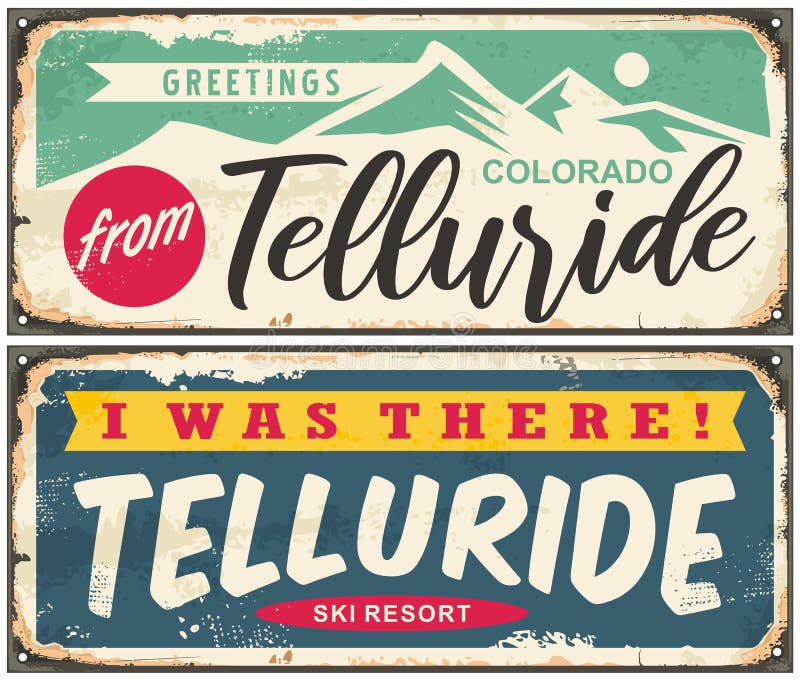 Telluride Colorado retro greeting cards design set. Vintage travel signs for winter holidays. Ski resorts vector illustration.