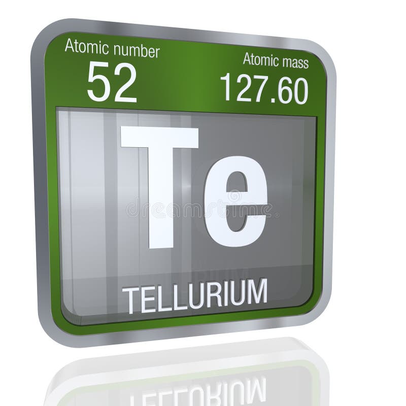 Tellurium symbol in square shape with metallic border and transparent background with reflection on the floor. 3D render royalty free illustration Tellurium symbol in square shape with metallic border and transparent background with reflection on the floor. 3D render royalty free illustration