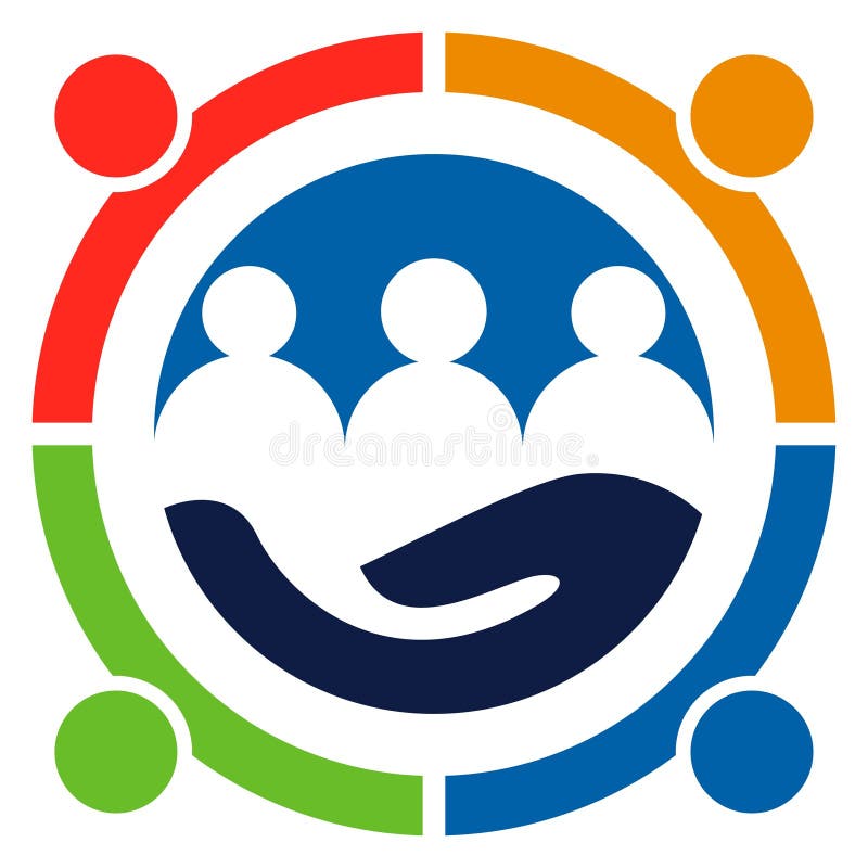 Circular logo featuring four stylized human figures connected in a circle stock illustration
