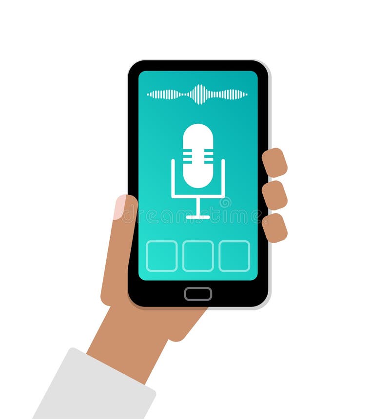 Teléfono celular de tenencia de la mano con el app del ejemplo plano auxiliar activado por voz personal stock de ilustración Teléfono celular de tenencia de la mano con el app del ejemplo plano auxiliar activado por voz personal stock de ilustración
