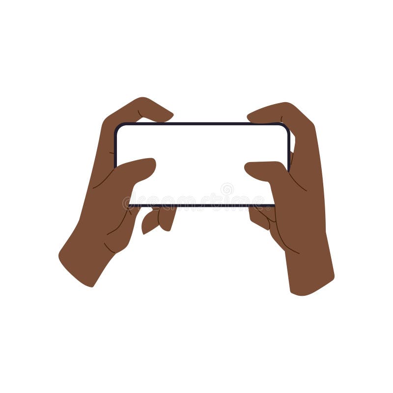Teléfono con pantalla en blanco con dos manos de usuario de piel negra mostrando el smartphone horizontalmente. Africano stock de ilustración