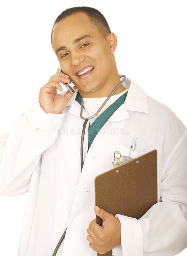 Teléfono del doctor Man Laughing On The imagen de archivo libre de regalías Teléfono del doctor Man Laughing On The imagen de archivo libre de regalías