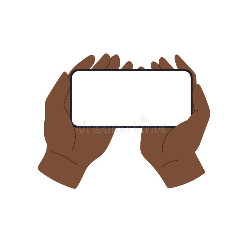 Teléfono en mano con dispositivo de smartphone de pantalla en blanco en poder del usuario. Hombre afroamericano usando móvil stock de ilustración