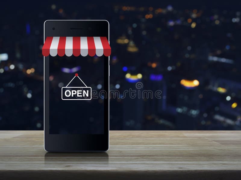 Teléfono móvil elegante moderno con en la línea gráfico de la tienda de las compras fotografía de archivo libre de regalías Teléfono móvil elegante moderno con en la línea gráfico de la tienda de las compras fotografía de archivo libre de regalías