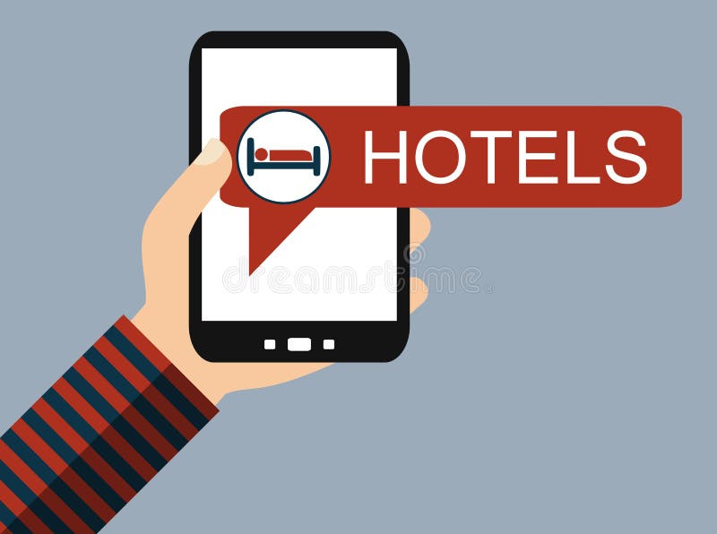 Teléfono móvil: Reservación de hotel - diseño plano stock de ilustración Teléfono móvil: Reservación de hotel - diseño plano stock de ilustración