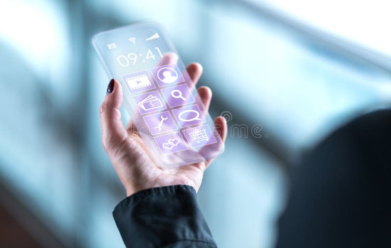 Teléfono móvil transparente Smartphone de cristal futurista fotos de archivo Teléfono móvil transparente Smartphone de cristal futurista fotos de archivo