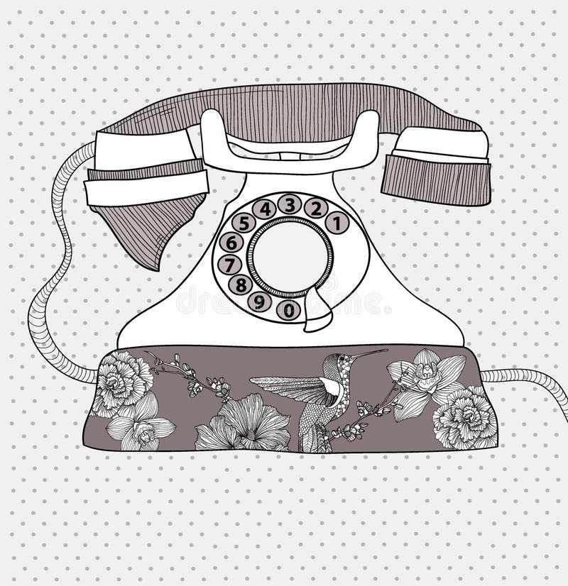 Teléfono retro con el modelo de las flores y de los pájaros stock de ilustración