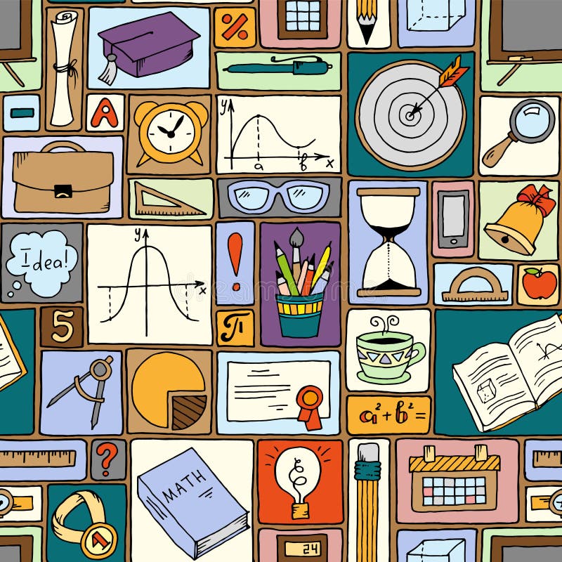 Tema da matemática da ciência Fundo do vetor da escola Teste padrão sem emenda do estilo da garatuja ilustração stock Tema da matemática da ciência Fundo do vetor da escola Teste padrão sem emenda do estilo da garatuja ilustração stock