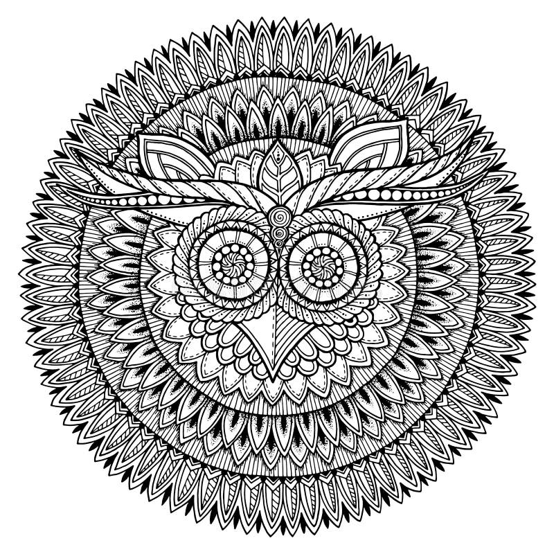 Tema degli uccelli Mandala in bianco e nero del gufo con il modello azteco etnico astratto dell'ornamento