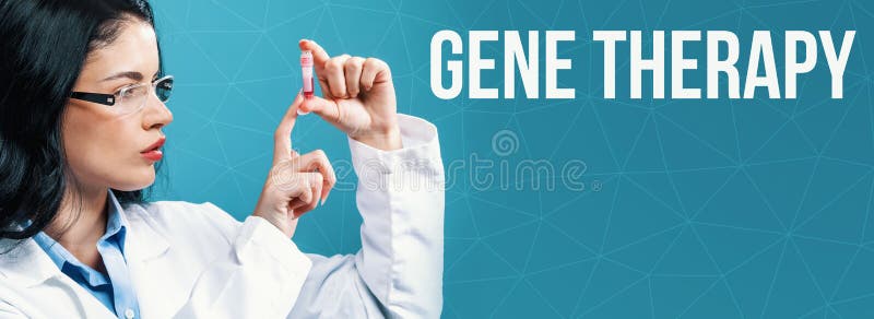 Gene Therapy theme with a doctor holding a laboratory vial on a blue background. Gene Therapy theme with a doctor holding a laboratory vial on a blue background