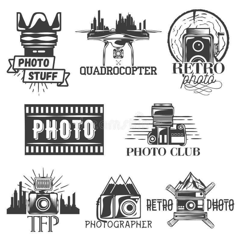 Tema di fotografia di vettore fissato nello stile d'annata Logo monocromatico, insegna, distintivi o emblemi per lo studio della royalty illustrazione gratis