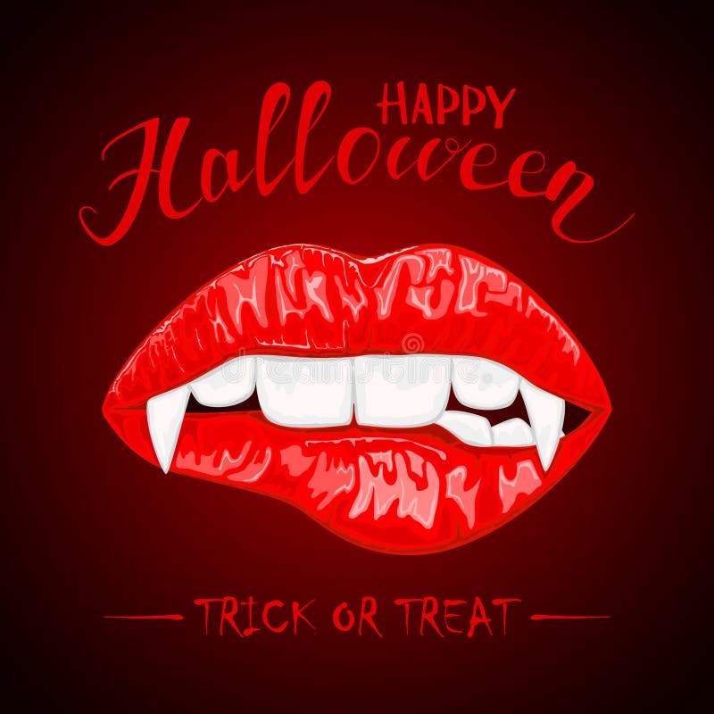 Tema di Halloween con le labbra e le zanne femminili rosse del vampiro