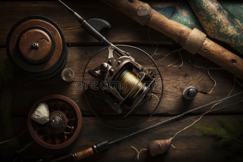 Tema di pesca filatura di una canna da pesca con ami di popper su fondo di legno scuro. generazione ai