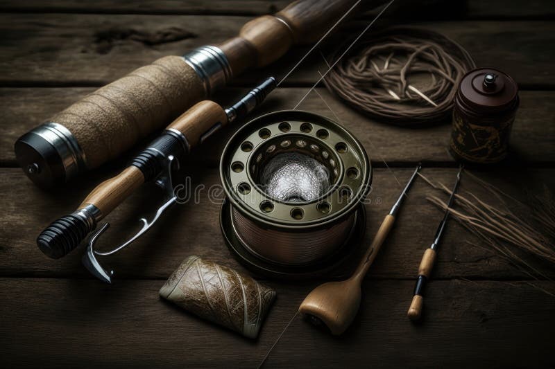 Tema di pesca filatura di una canna da pesca con ami di popper su fondo di legno scuro. generazione ai