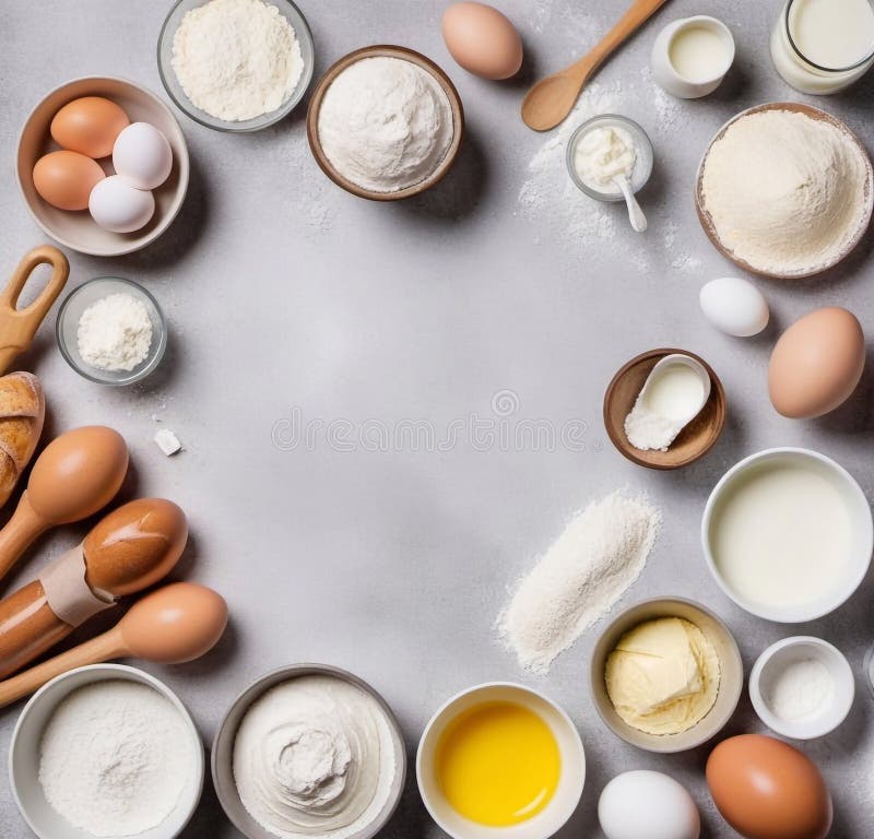 Tema för påskbakeri med ett urval av bakande essentiella ämnen som sockersmörets yoghurt-ägg och mjöl arrangerat från en toppvy royaltyfri illustrationer