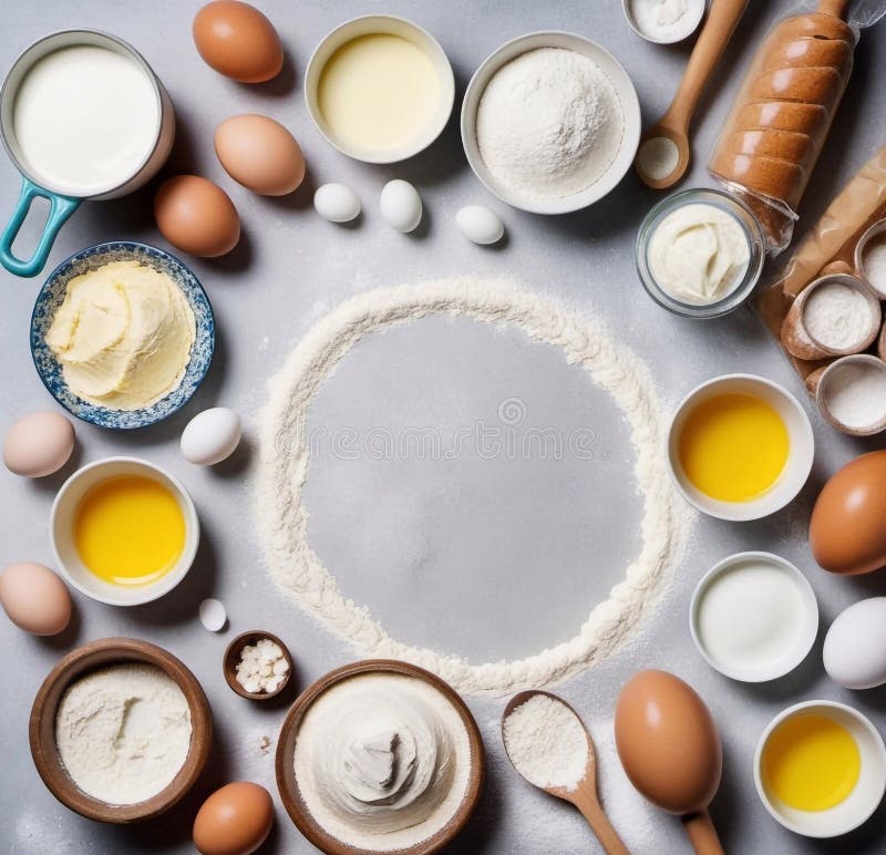 Tema för påskbakeri med ett urval av bakande essentiella ämnen som sockersmörets yoghurt-ägg och mjöl arrangerat från en toppvy royaltyfri illustrationer