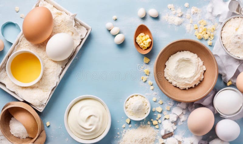 Tema för påskbakeri med ett urval av bakande essentiella ämnen som sockersmörets yoghurt-ägg och mjöl arrangerat från en toppvy stock illustrationer