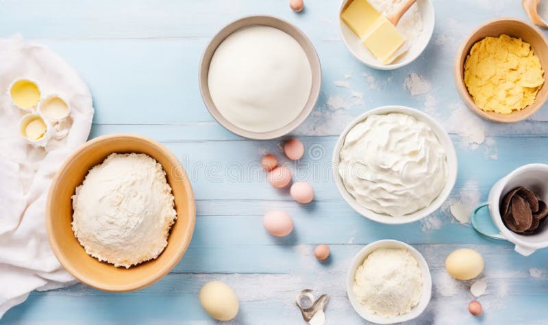 Tema för påskbakeri med ett urval av bakande essentiella ämnen som sockersmörets yoghurt-ägg och mjöl arrangerat från en toppvy stock illustrationer