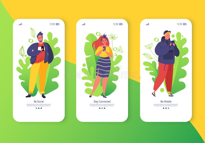 Tema för sociala medier för att gå ombord på mobilappskärmsuppsättning stock illustrationer Tema för sociala medier för att gå ombord på mobilappskärmsuppsättning stock illustrationer