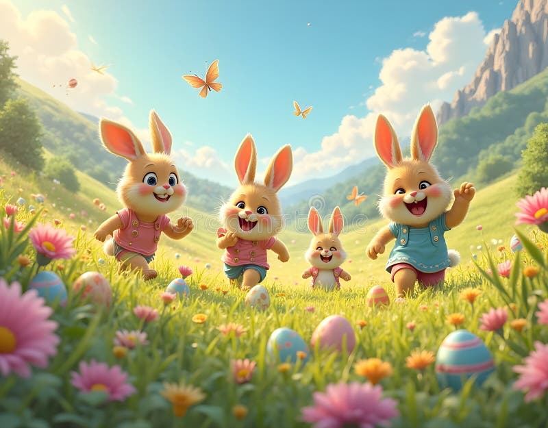 Tema Pasquale : Felici momenti della festa di Pasqua in un campo di fiori. Arte digitale generata dall'intelligenza artificiale. royalty illustrazione gratis