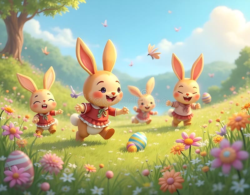 Tema Pasquale : Una Pasqua adorabile in un campo pieno di fragranze di fiori. Digitale generato da AI illustrazione vettoriale