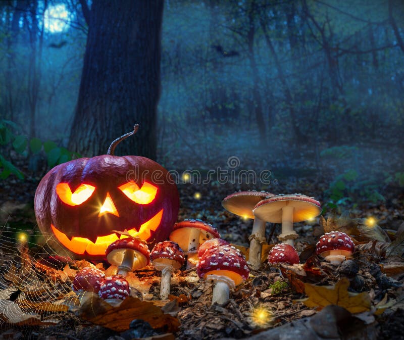 Temat halloween z świecącą dynią w ciemnym jesiennym lesie z amanitą i księżycem. halloween horror tło obraz royalty free