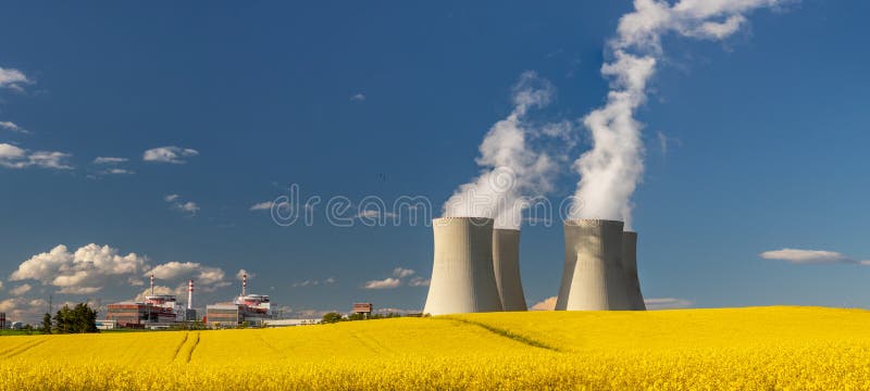 Nuclear Power Plant Temelin, Cooling towers with white water vapor in the landscape, Czech republic