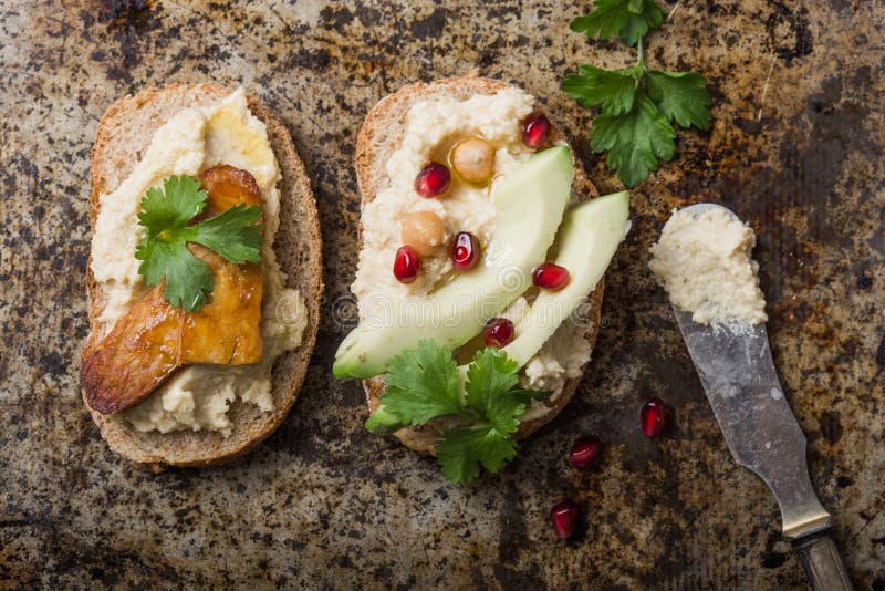 Tempeh and Kale Sandwich with Hummus on Table Stock Image Image of