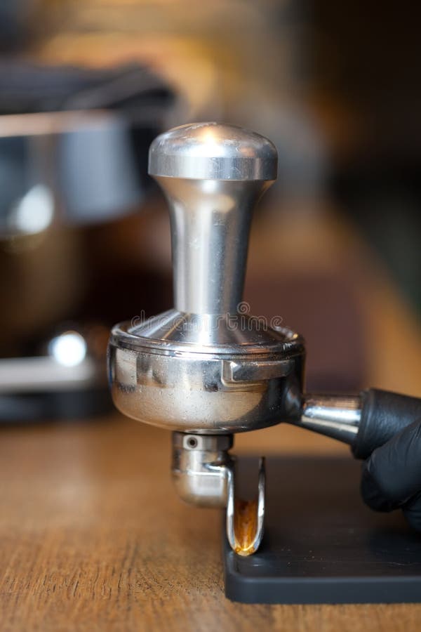 Temper in Espresso Coffee Holder on Table, Closeup Stock Image Image
