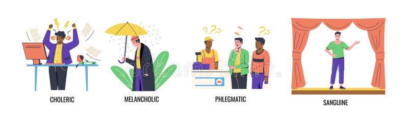 Temperament types. Infographic of persons with different moods. Angry choleric. Happy sanguine. Phlegmatic and melancholic. Human royalty free illustration