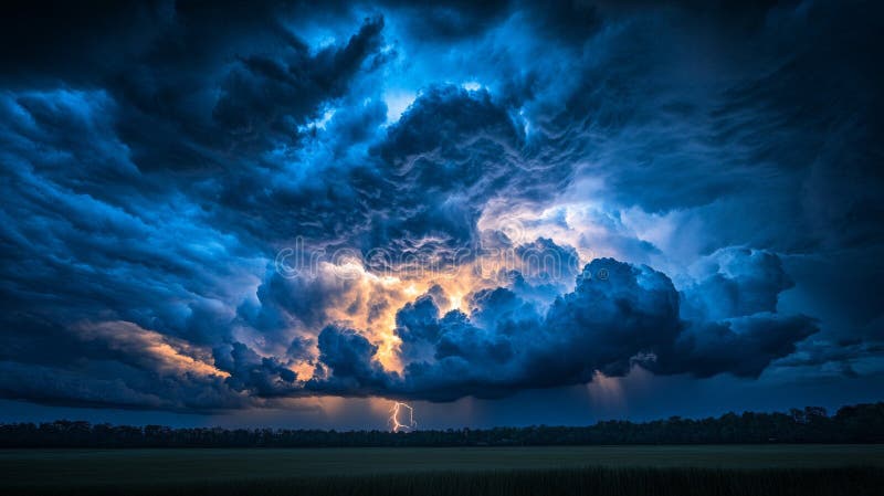 Tempesta notturna intensa con nuvole blu drammatiche e fulmini illustrazione di stock
