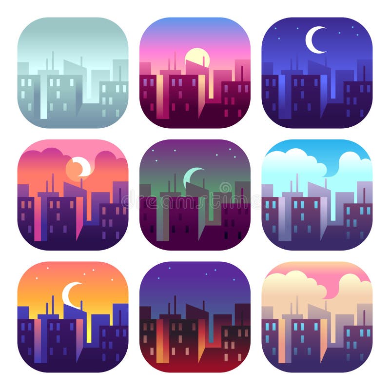 Tempi di giorno della città Tramonto di alba di primo mattino, mezzogiorno e sera di crepuscolo, costruzioni dei grattacieli di p illustrazione vettoriale Tempi di giorno della città Tramonto di alba di primo mattino, mezzogiorno e sera di crepuscolo, costruzioni dei grattacieli di p illustrazione vettoriale