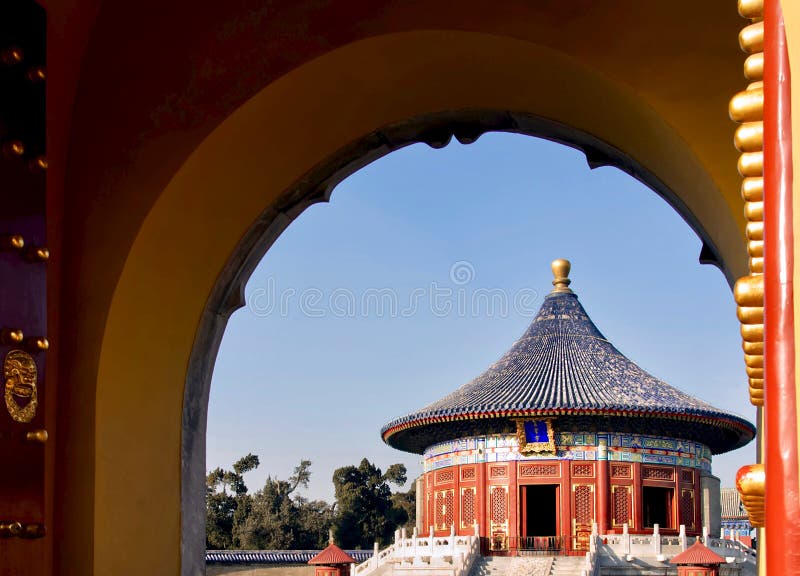 Tempio cinese antico del cielo Contesto architettonico asiatico Tetto unico rotondo del tempio sullo sfondo del cielo azzurro fotografia stock libera da diritti