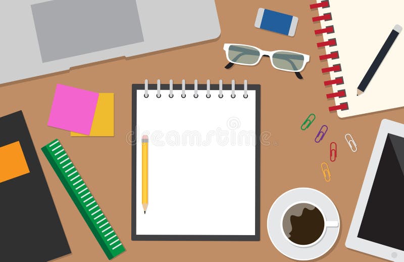 Top view of workspace vector set with stationery office on desk background stock illustration Top view of workspace vector set with stationery office on desk background stock illustration
