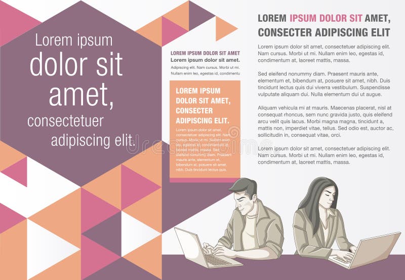 Template for advertising brochure with people working with computer. vector illustration