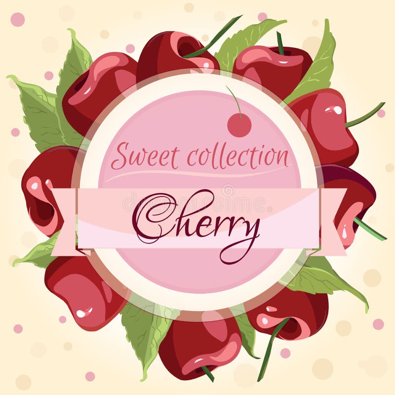 Template Banner. Red Cherries, Ribbon with Text Stock Illustration