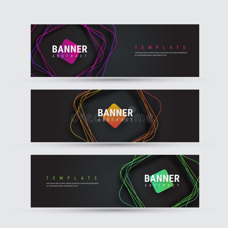 Template of a black vector banner with square multicolored lines with rounded corners with a shadow. Design for the web. Set