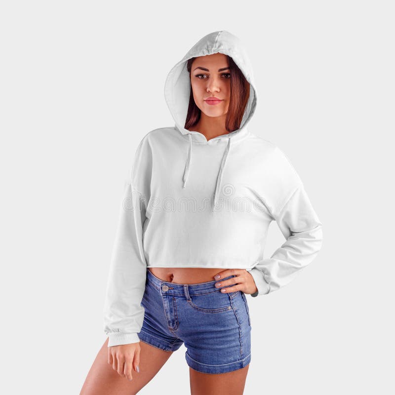 Template Fashionable White Hoodie, Crop Top on a Girl in Shorts, Front ...